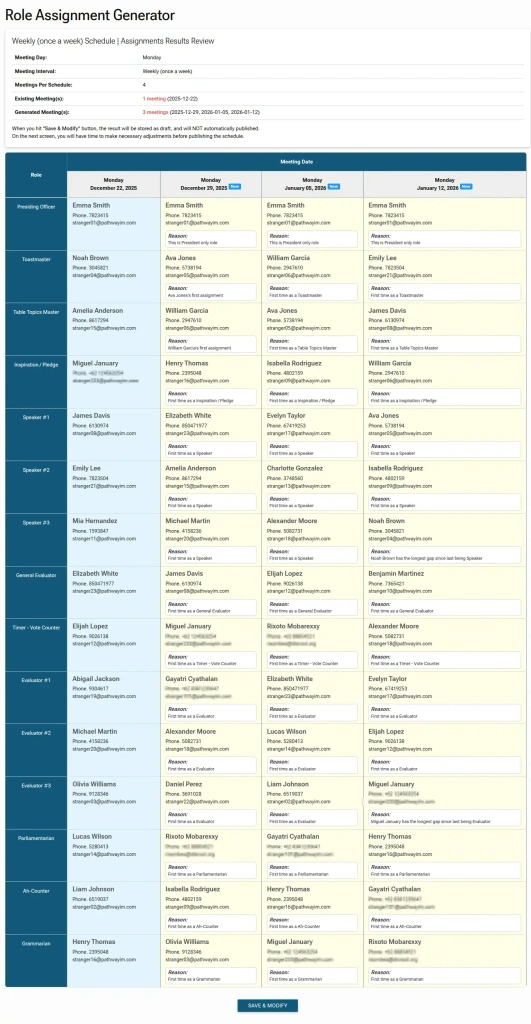 Screenshot: Schedule Generator Subsequent generation, generate partial schedule