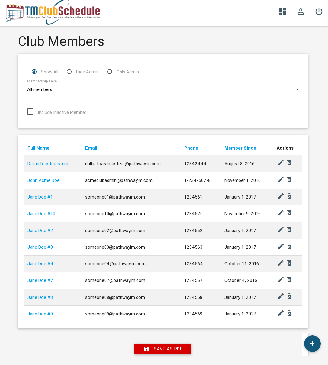 Screenshot: Member Listing