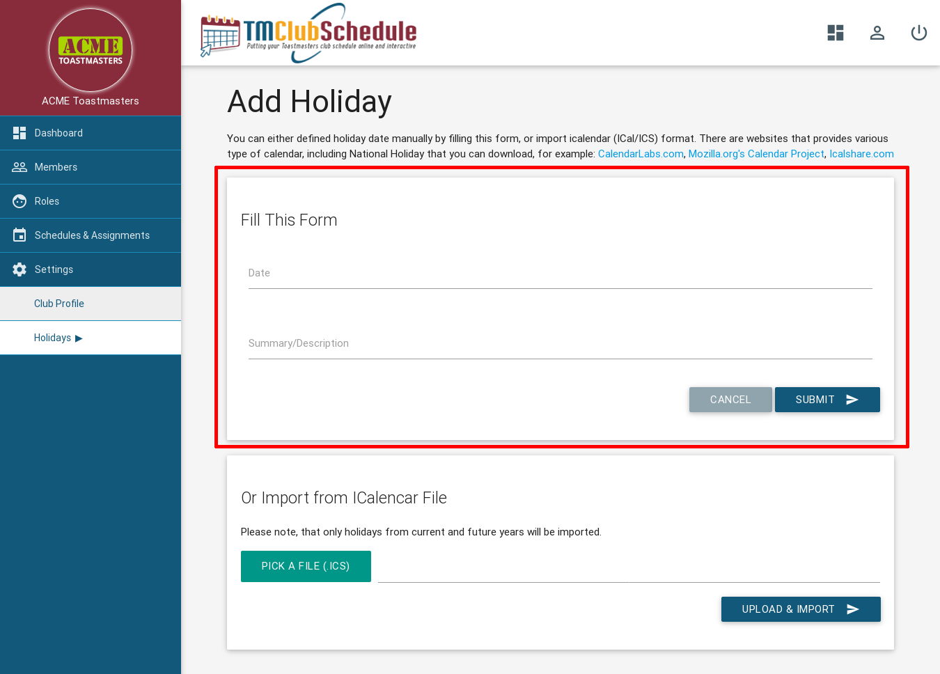 Screenshot: New Holiday Form