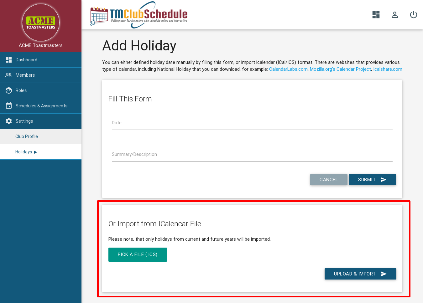Screenshot: Ical Import Form