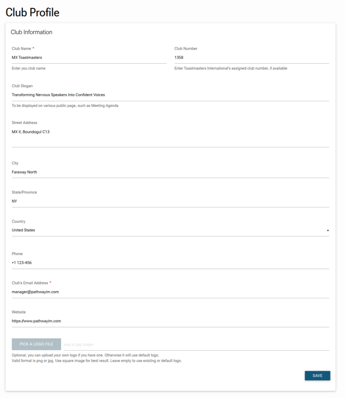 Screenshot: Club Profile Form