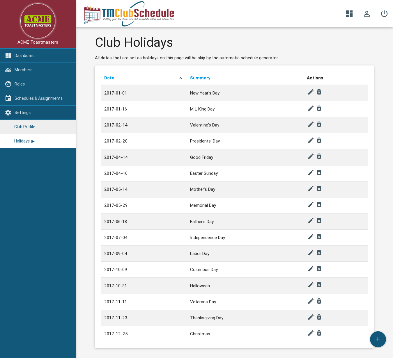 Screenshot: Holiday List