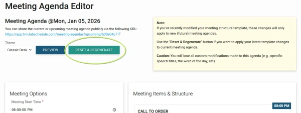 TMClubSchedule Agenda Editor Template Synchronization