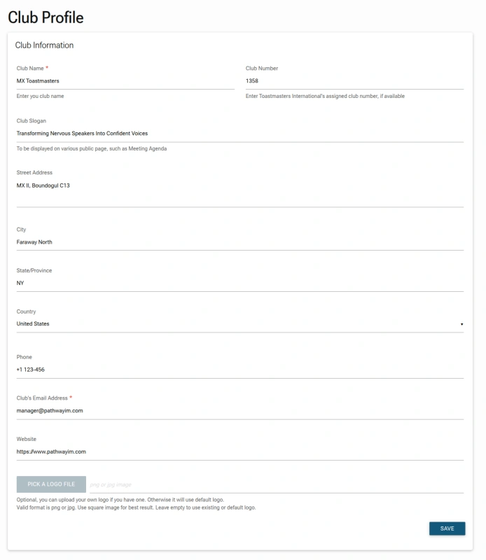Screenshot: Club Profile Form