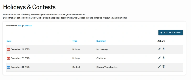 Screenshot: Holiday List