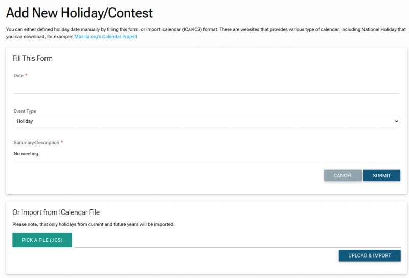 Screenshot: Holiday List