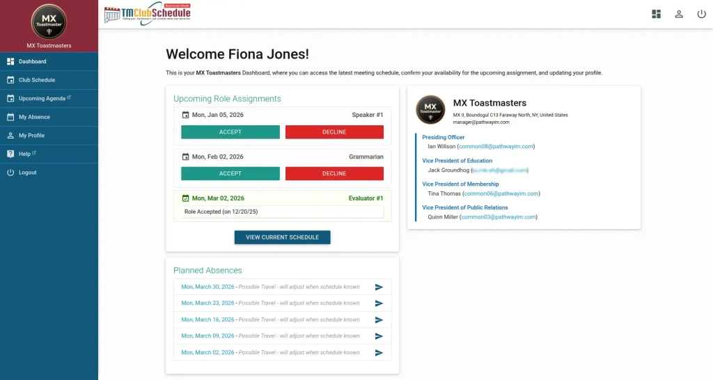 TMClubSchedule Member Dashboard