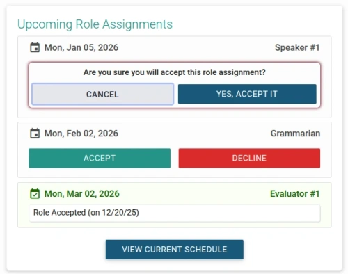 TMClubSchedule - Meeting Role Confirmation Dialog TMClubSchedule - Meeting Role Confirmation Dialog