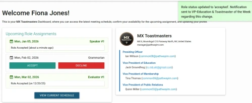 TMClubSchedule - Role Confirmation Success Notification TMClubSchedule - Role Confirmation Success Notification