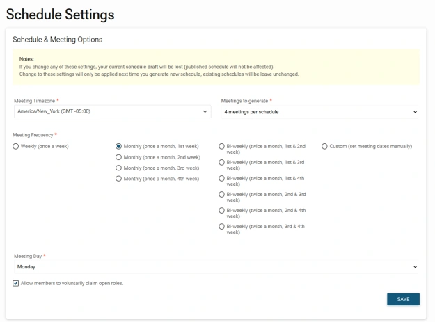 Screenshot: Schedule Settings Form