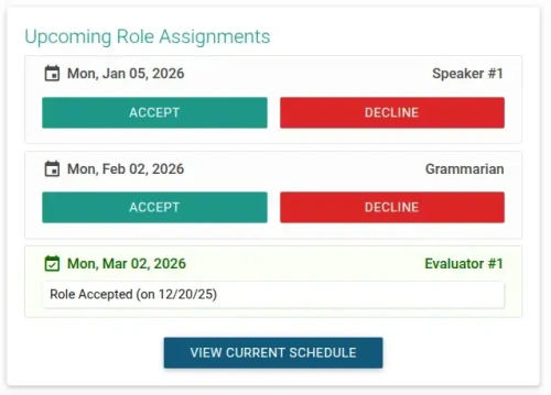 TMClubSchedule Upcoming Role Assignment Widget TMClubSchedule Upcoming Role Assignment Widget