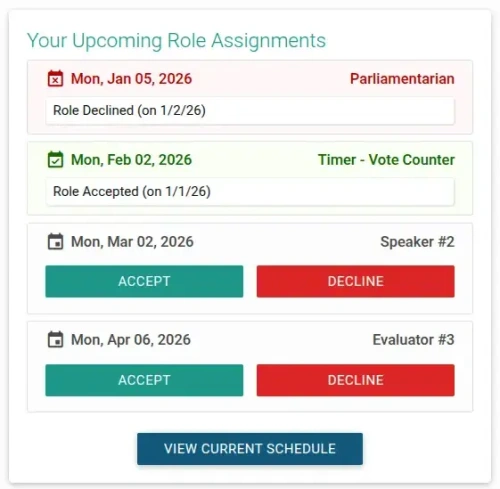 TMClubSchedule - Upcoming Role Assignment TMClubSchedule - Upcoming Role Assignment